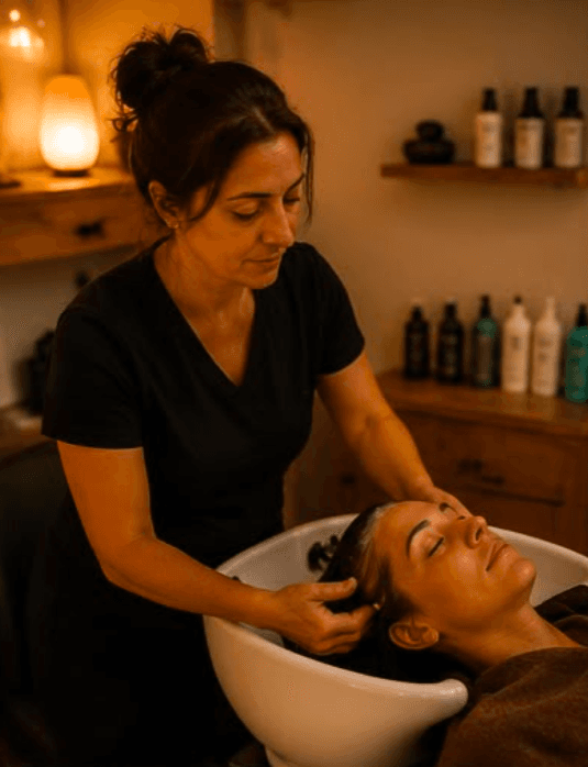 Shampooing au bac massant, la coiffeuse modelant le cuir chevelu d'une cliente